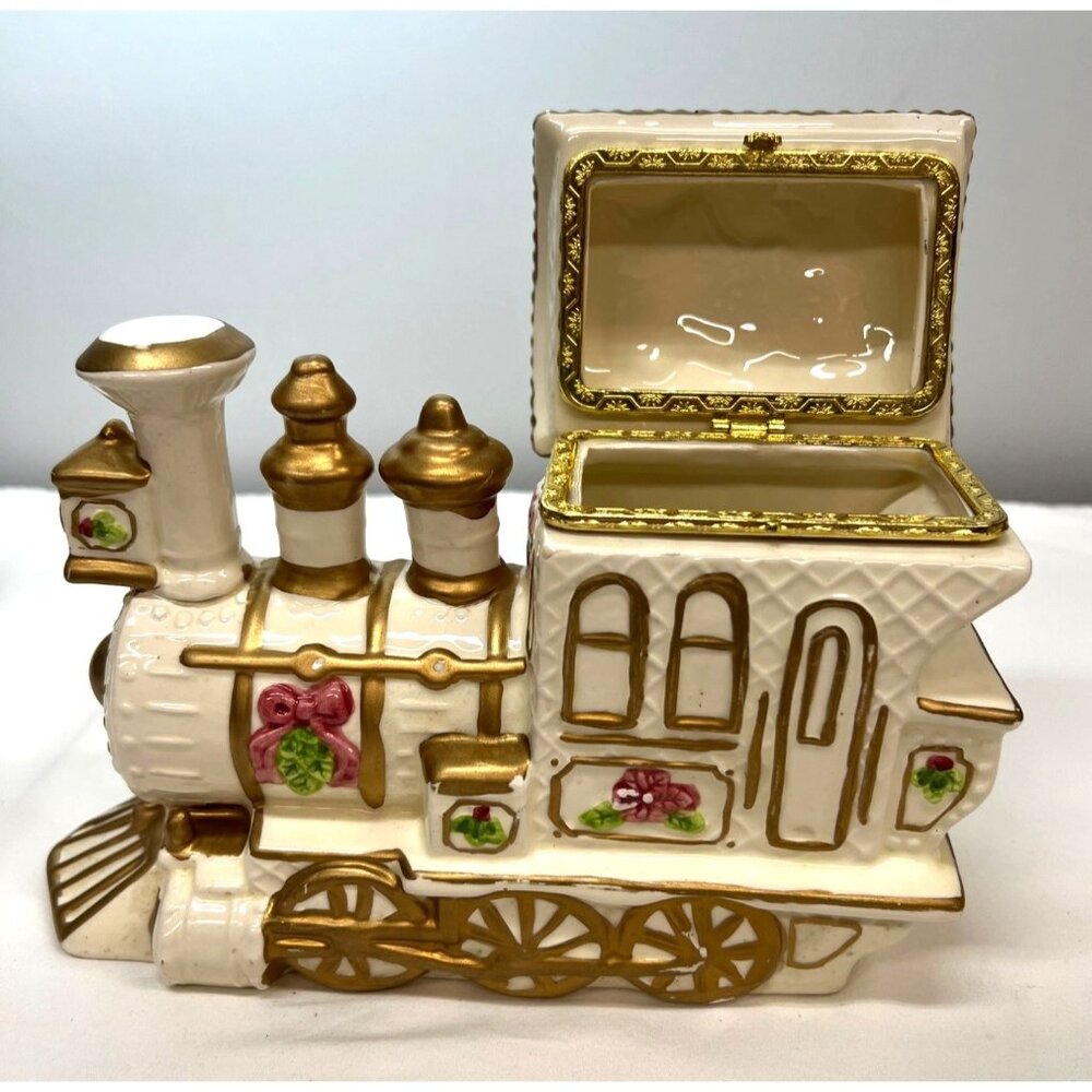 Porcelain Train Trinket Box With Hinged Lid & Gold Accents